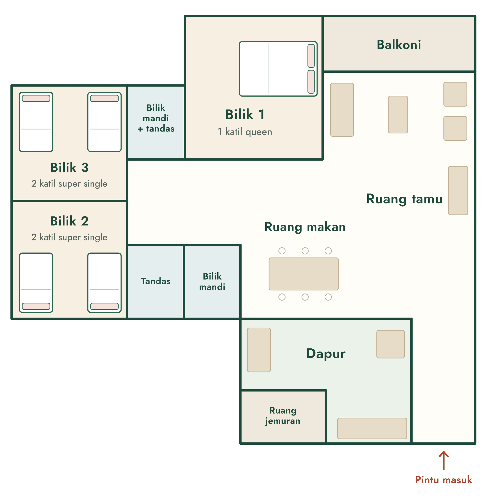 Pelan lantai Idaman Villa @Pertam: 3 bilik tidur, ruang tamu, ruang makan, dapur dan balkoni